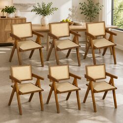 Contemporary Armrest Dining Chair in Walnut Rattan