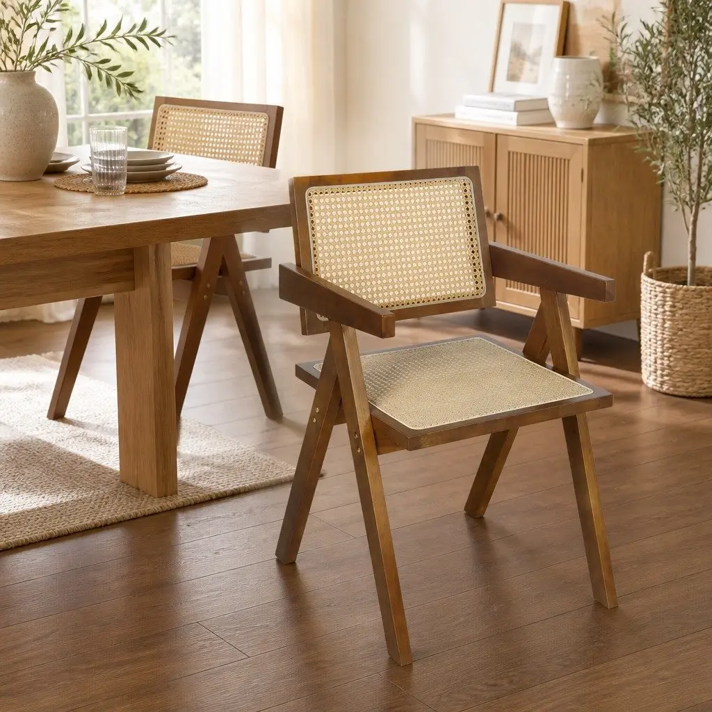 Dining Chair with Armrest Walnut Rattan Wooden Seat Kitchen Furniture Set
