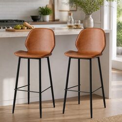 Brown Leathaire Bar Stools Set of 2 with Steel Frame