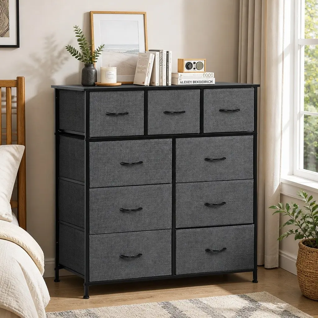 Chest of Drawers Storage Cabinet Tallboy Dresser Organiser Unit 9 Drawer Grey