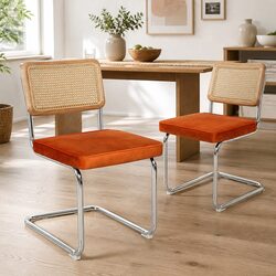 Dining Chairs with Woven Rattan Backrest and Velvet Seat