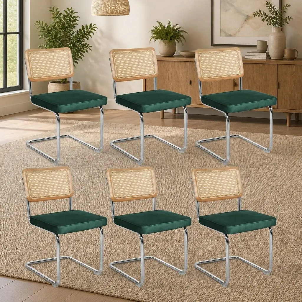 Dining Chairs Set of 6 Velvet Padded Seat Woven PE Rattan Backrest Cantilever Steel Frame Natural and Green