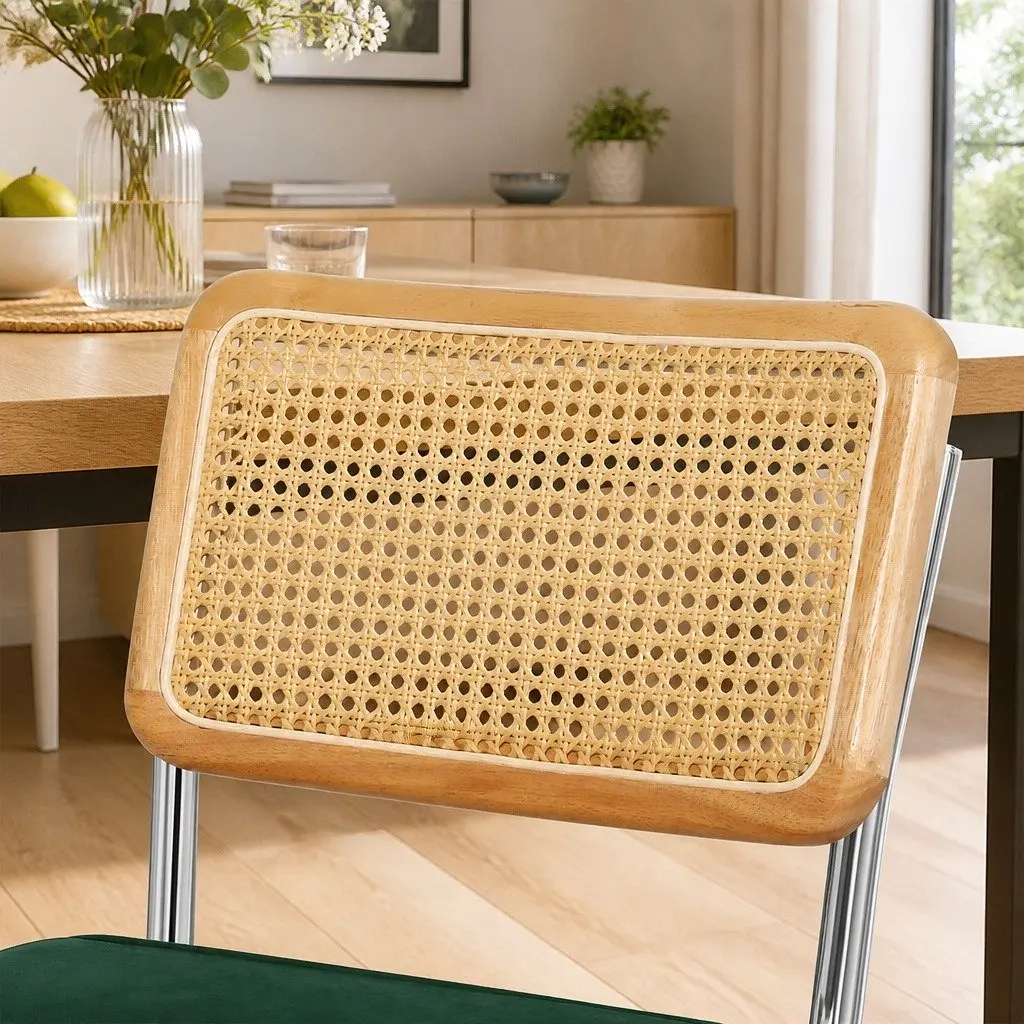Dining Chairs Set of 6 Velvet Padded Seat Woven PE Rattan Backrest Cantilever Steel Frame Natural and Green