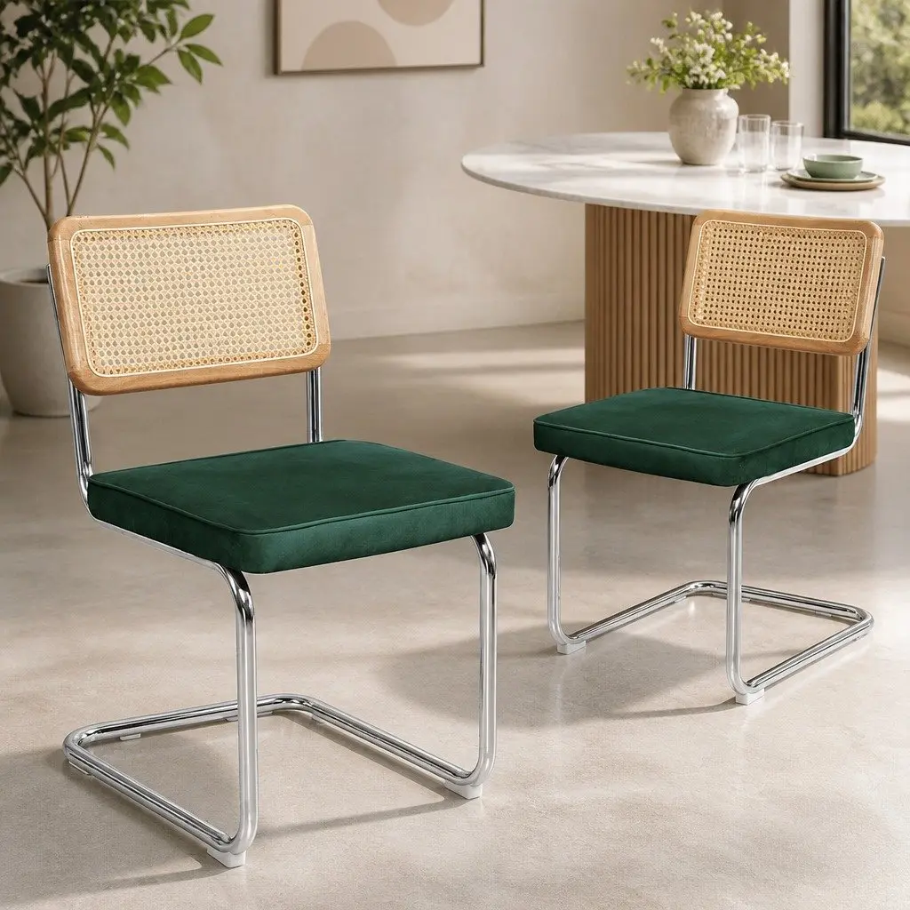 Dining Chairs Set of 6 Velvet Padded Seat Woven PE Rattan Backrest Cantilever Steel Frame Natural and Green