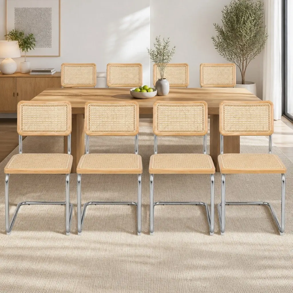 Rattan Dining Chairs Set of 8 Cantilever Steel Frame Woven Seat Backrest