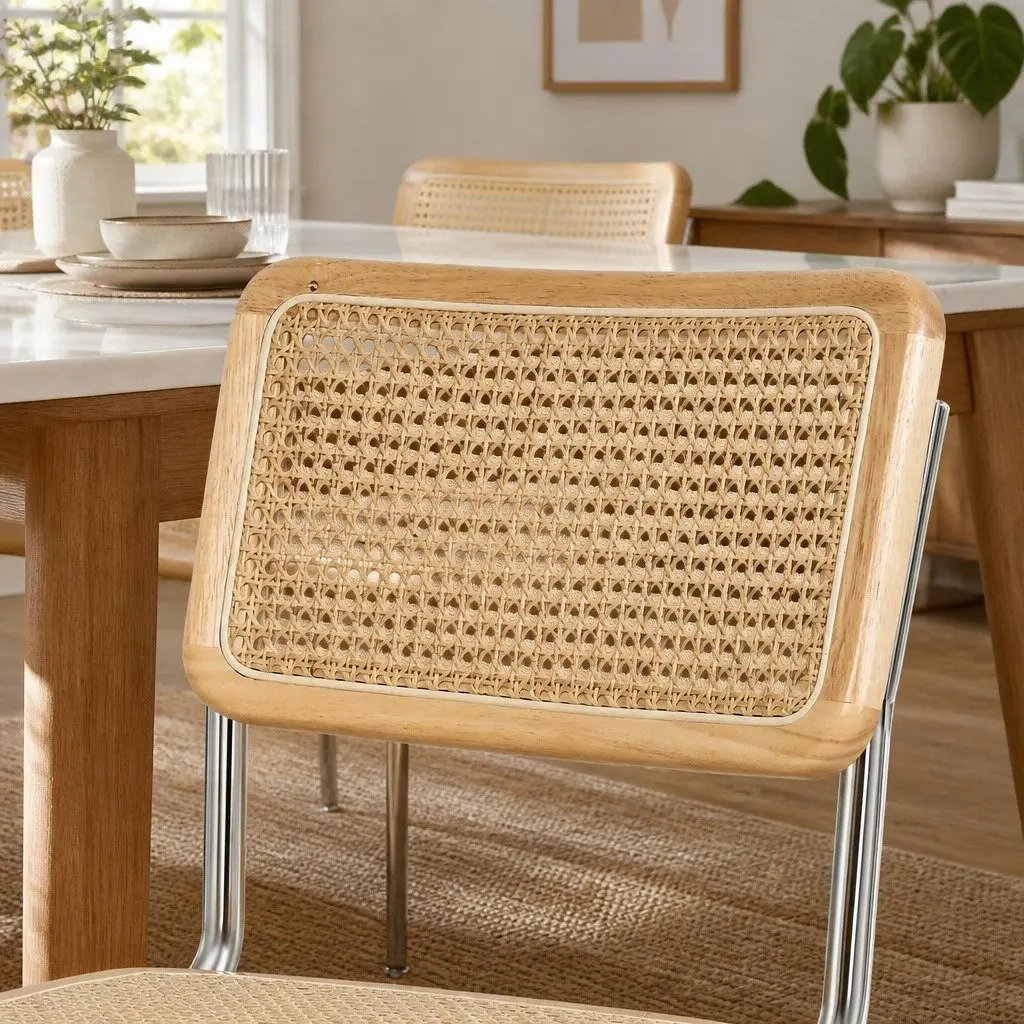 Rattan Dining Chairs Set of 8 Cantilever Steel Frame Woven Seat Backrest