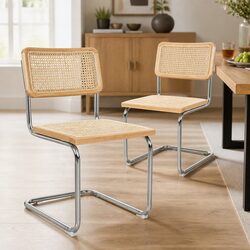 Modern Rattan Dining Chairs Set of 2 with Chrome Frame