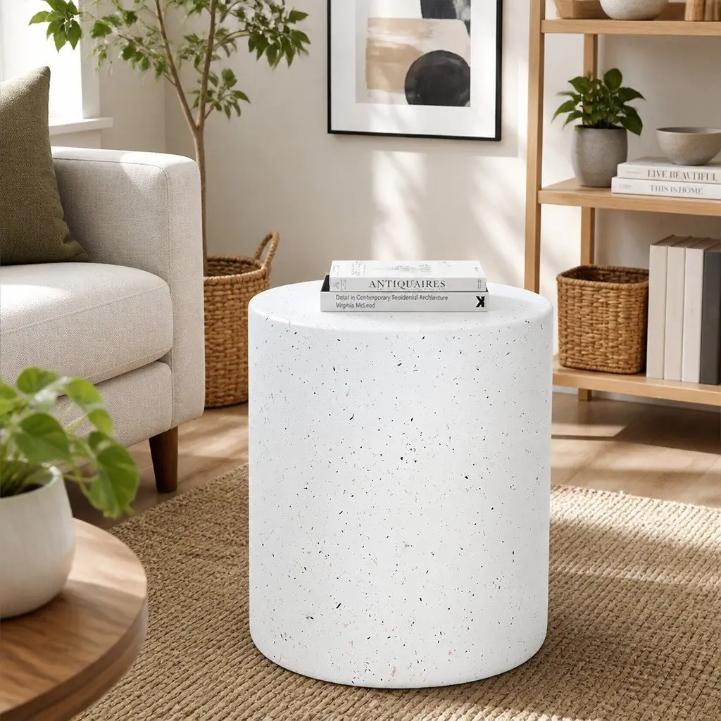 Round Terrazzo Side Table Cylinder Shape Beige 39.5cm x 47cm No Assembly