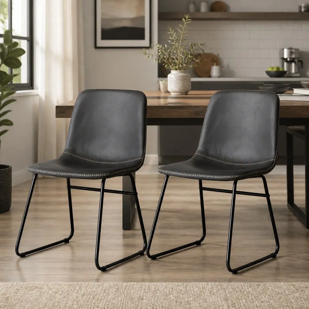 Dining Chairs Ergonomic Comfort Set of 2 Black Faux Leather