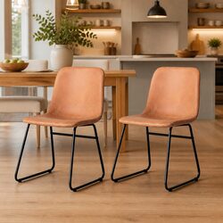 Dining Chairs Set of 2 - Brown Faux Leather, Sleigh Legs
