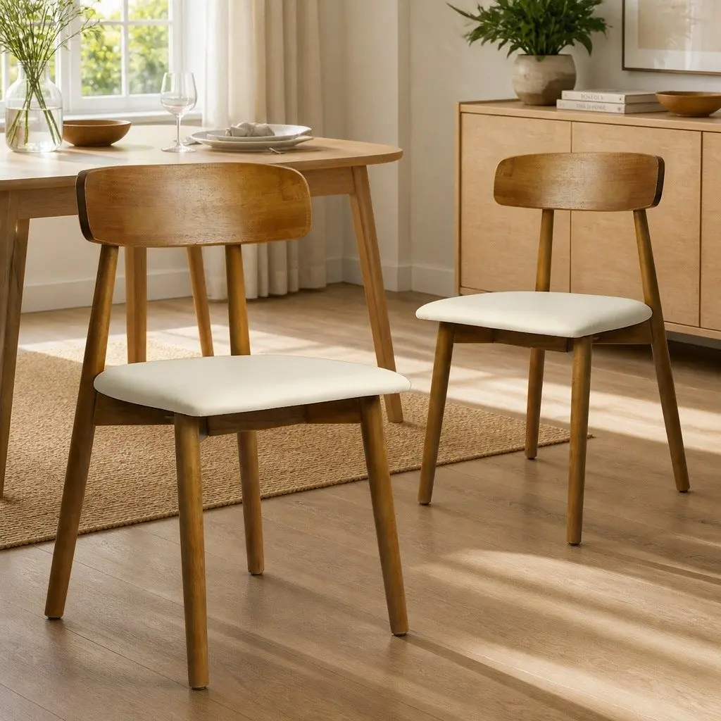 Dining Chairs Ergonomic Curved Backrest PU Leather Walnut Set of 6