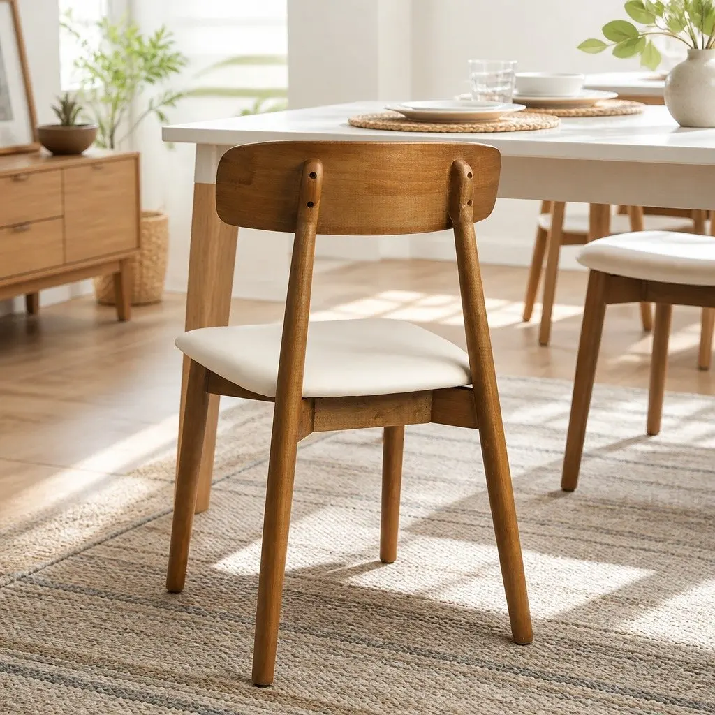 Dining Chairs Ergonomic Curved Backrest PU Leather Cushioned Seat Rubber Wood Set of 8 Walnut