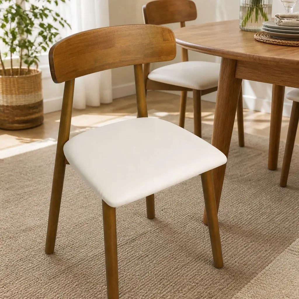 Dining Chairs Ergonomic Curved Backrest PU Leather Cushioned Seat Rubber Wood Set of 8 Walnut