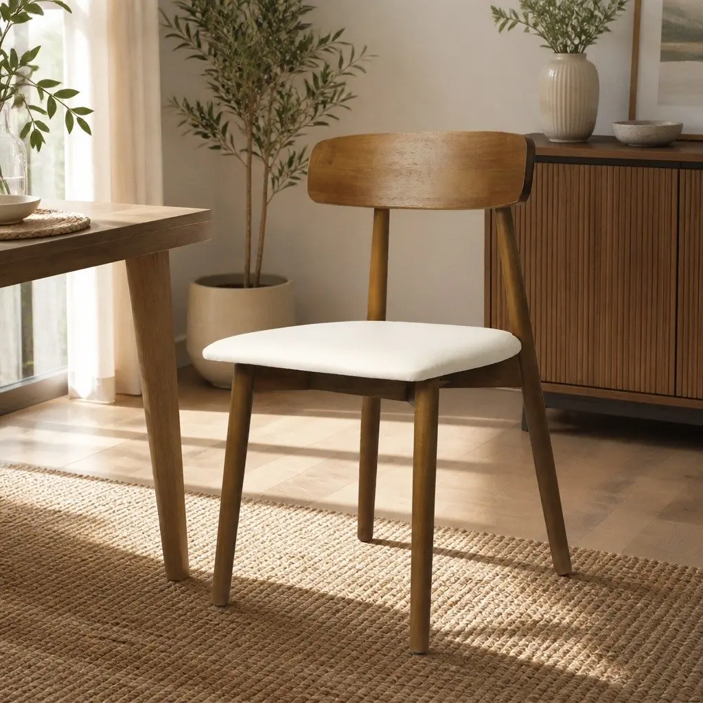 Dining Chairs Ergonomic Curved Backrest PU Leather Cushioned Seat Rubber Wood Set of 8 Walnut