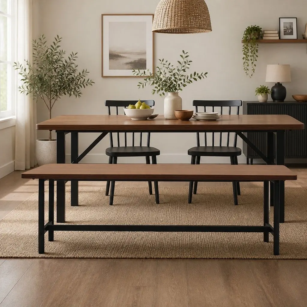 Dining Bench 2 to 3 Seater Easy to Clean 140cm Brown MDF Top Steel Frame
