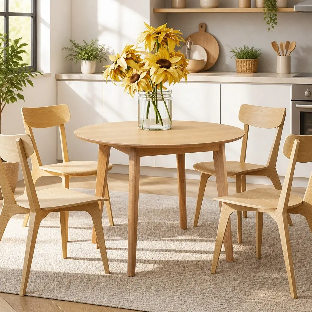 Round Dining Table Natural Rubberwood Frame 100cm Diameter Seats 4-6 Natural Colour
