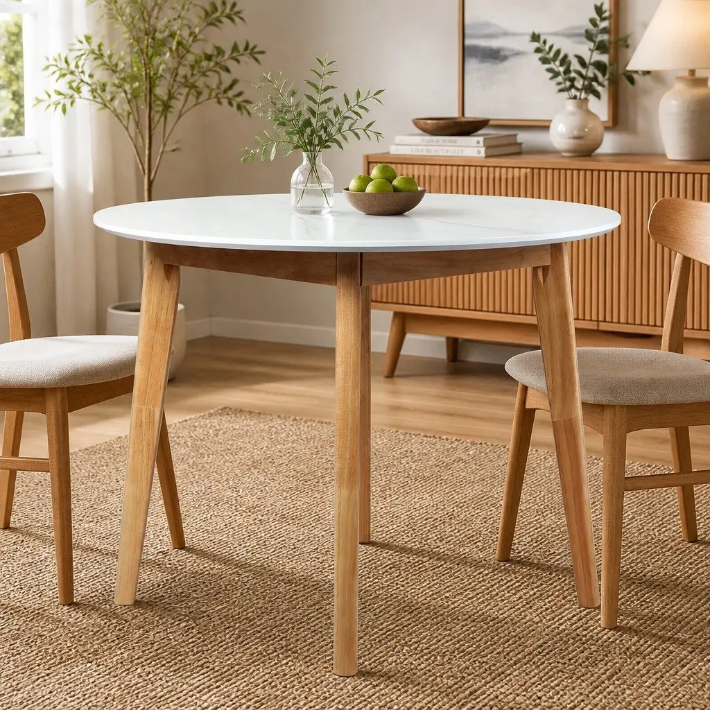 Round Dining Table Smooth Bevelled Edge 100cm White Rubberwood Base