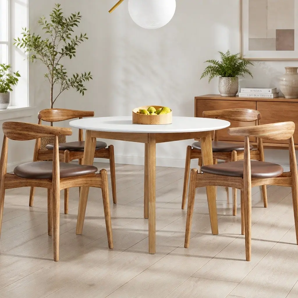 Round Dining Table Smooth Bevelled Edge 100cm White Rubberwood Base