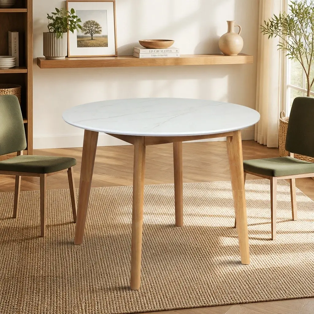 Round Dining Table Smooth Bevelled Edge 100cm White Rubberwood Base