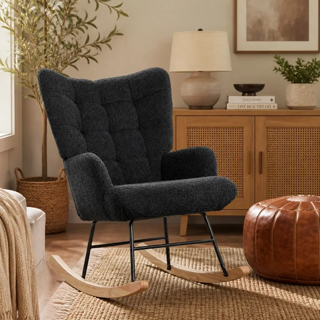 Rocking Chair Ergonomic Comfort Grey Fleece Lounge Seat
