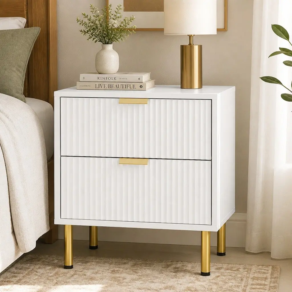 Bedside Table with 2 Drawers Compact White Storage Organiser