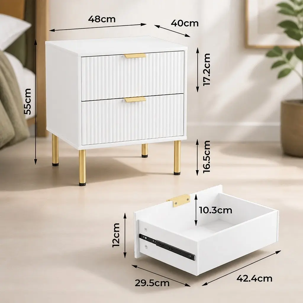 Bedside Table with 2 Drawers Compact White Storage Organiser
