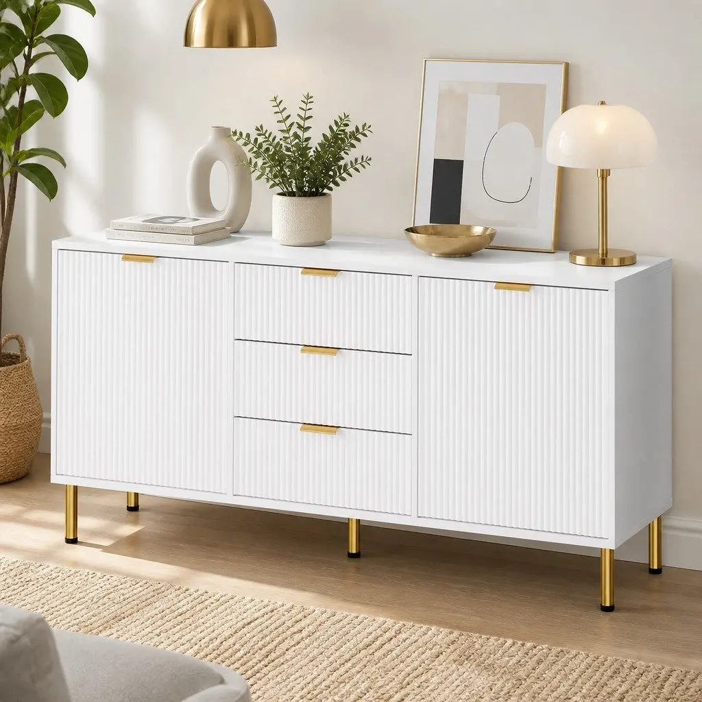 Storage Sideboard Cabinet Soft-Close 3 Drawer 2 Door White