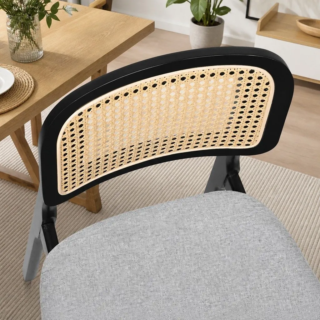 Dining Chair Set of 6 Armless Upholstered Cushioned Seat Rattan Weave Black Wood Frame