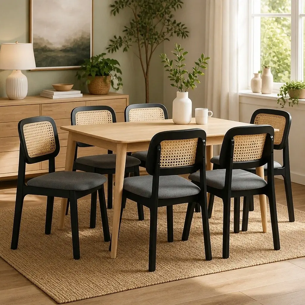 Dining Chair Set of 6 Armless Upholstered Cushioned Seat Rattan Weave Black Wood Frame