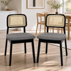 Black Wooden Frame Dining Chair Set of 2 with Rattan Weave