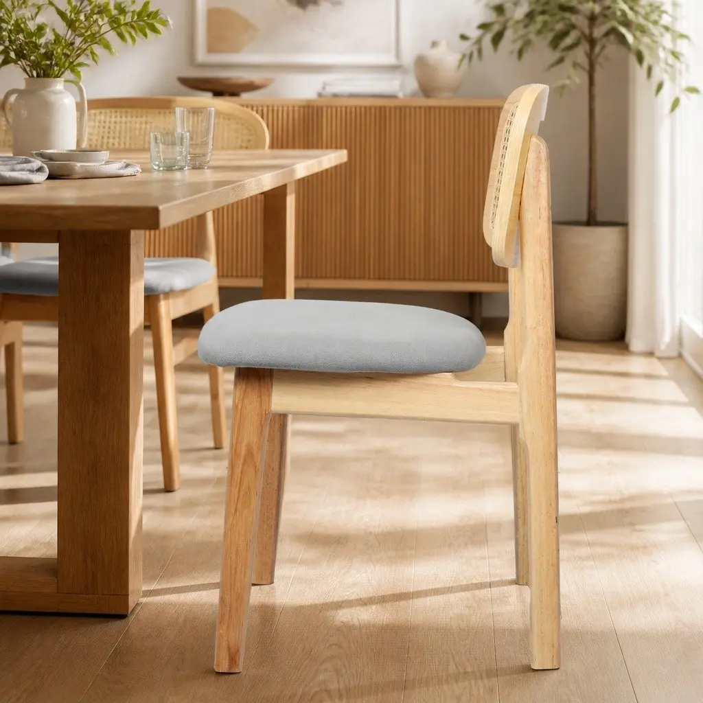 Dining Chair Armless Rattan Woven Natural Wood Frame 4 Piece Set