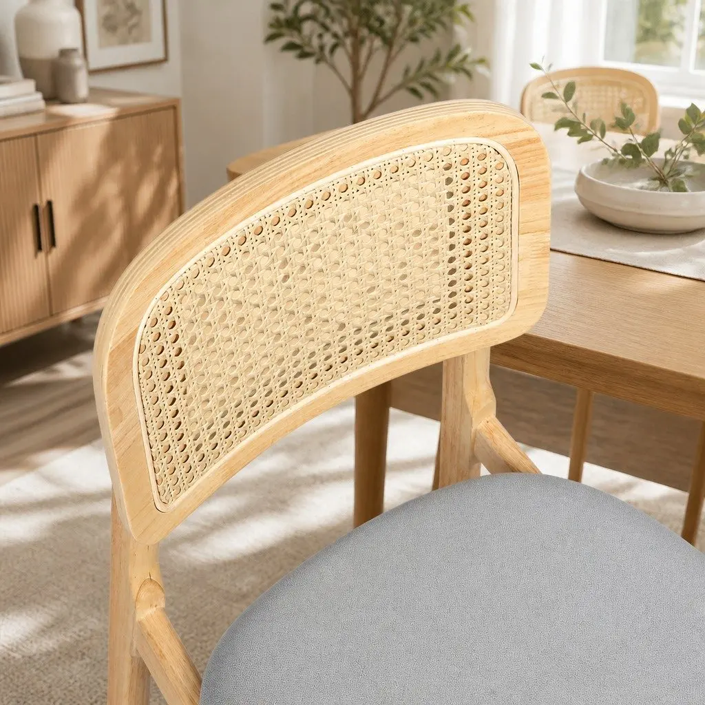 Set of 8 Armless Rattan Dining Chairs with Rubber Wood Frame