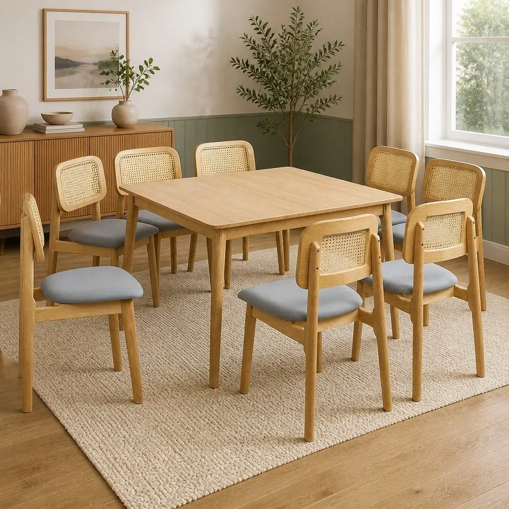 Set of 8 Armless Rattan Dining Chairs with Rubber Wood Frame