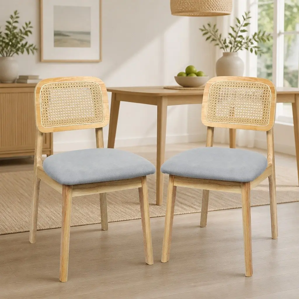 Dining Chair Rattan Weave Back Solid Wood Frame Natural Colour