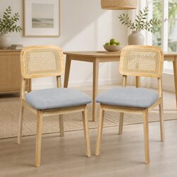 Rattan Back Dining Chairs Set of 2 with Solid Wood Frame