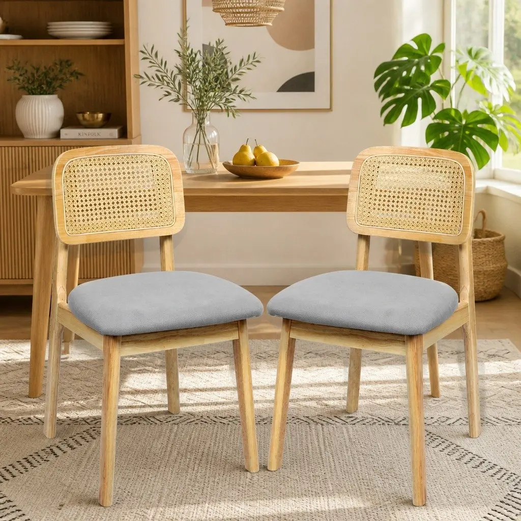 Dining Chair Rattan Weave Back Solid Wood Frame Natural Colour