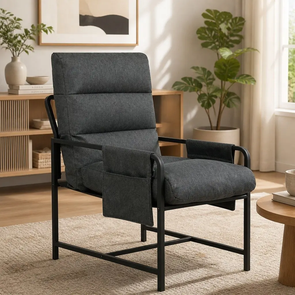 Metal Frame Lounge Chair Dark Grey Linen Accent Armchair with Storage Bags