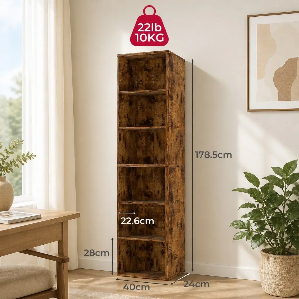 6 Tier Freestanding Bookcase Tall Walnut Storage Unit with Adjustable Shelves