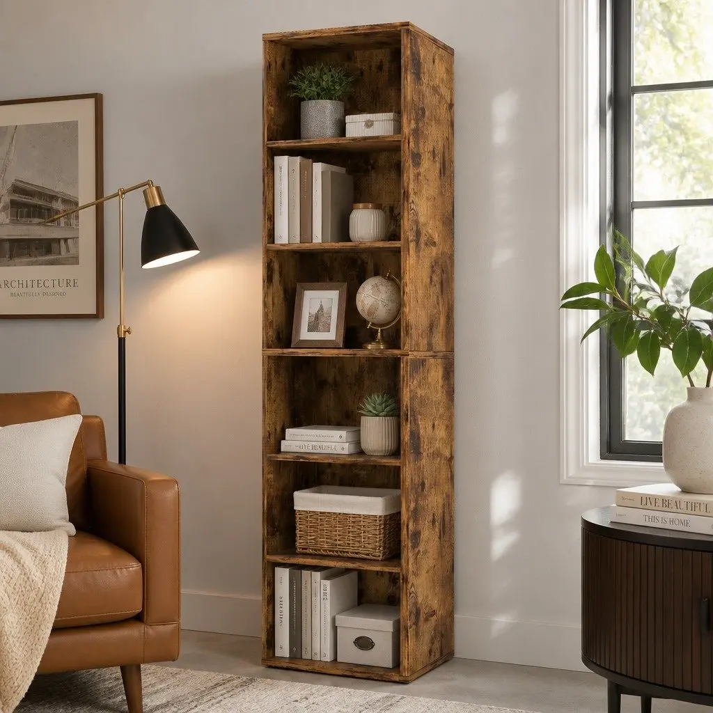 6 Tier Freestanding Bookcase Tall Walnut Storage Unit with Adjustable Shelves