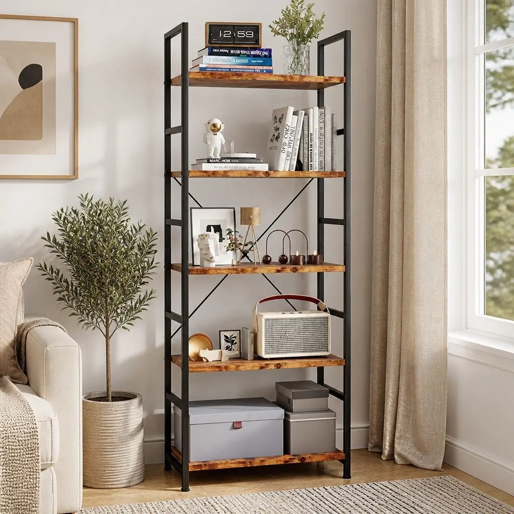 5-Tier Bookshelf Industrial Style Rustic Brown 157.5cm Tall Storage Cabinet Display Shelving Unit