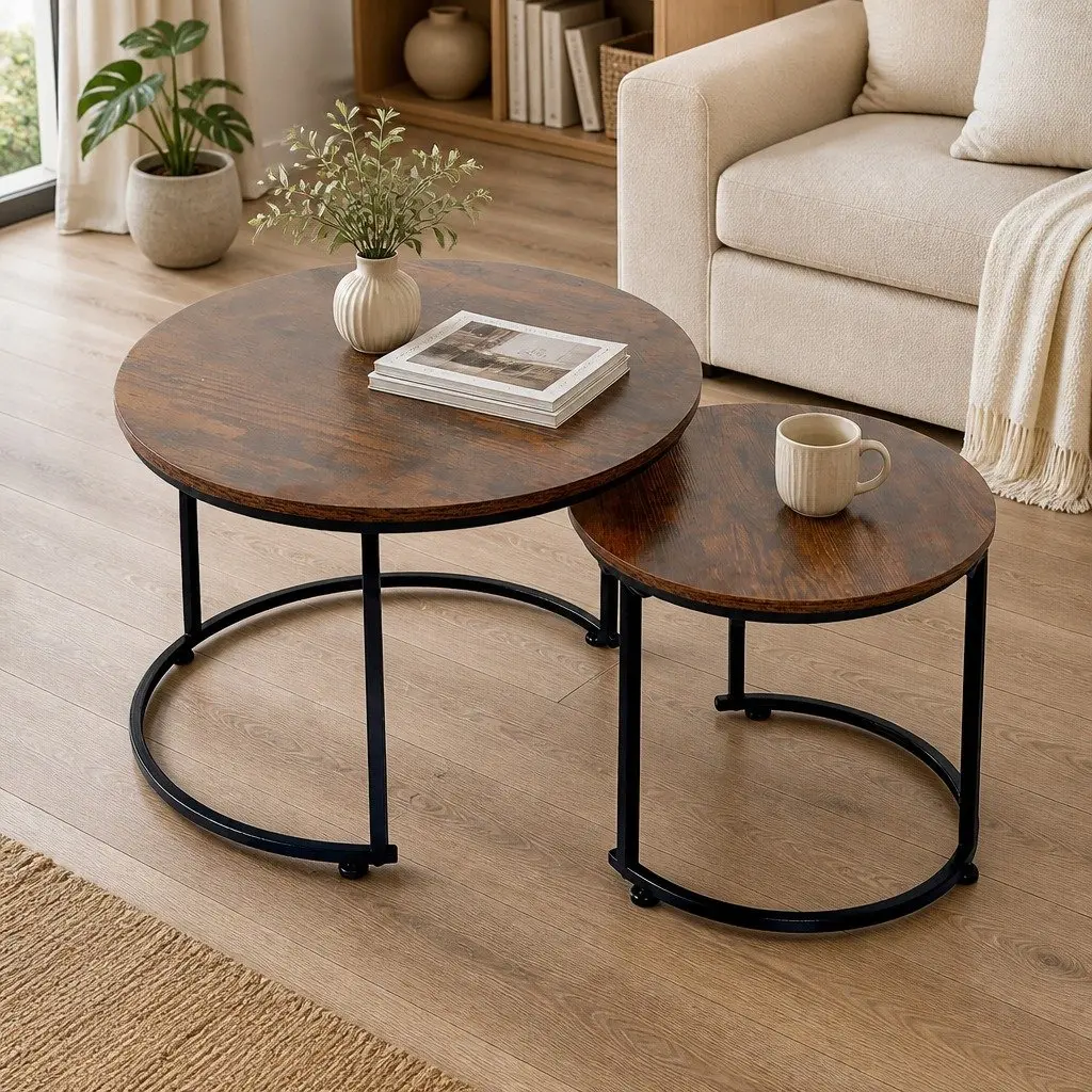 Nesting Coffee Table Set Space Saving Round Dark Brown 2 Piece