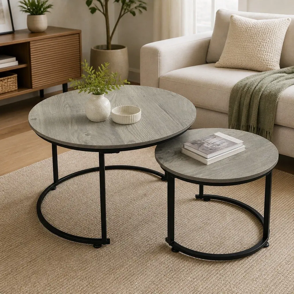 Nesting Coffee Table Set Space Saving Round Grey 2 Piece