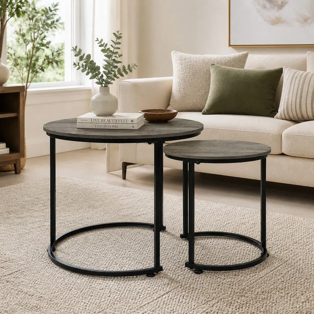 Nesting Coffee Table Set Space Saving Round Grey 2 Piece