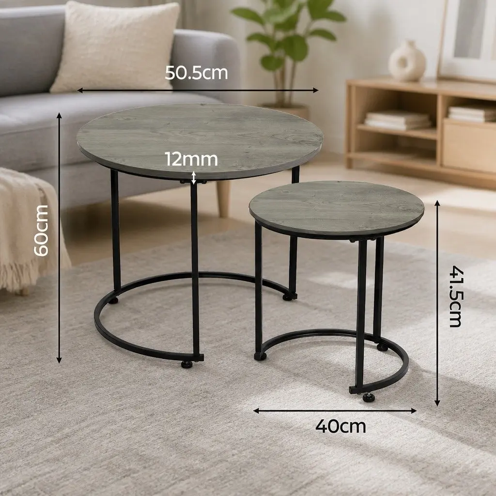 Nesting Coffee Table Set Space Saving Round Grey 2 Piece