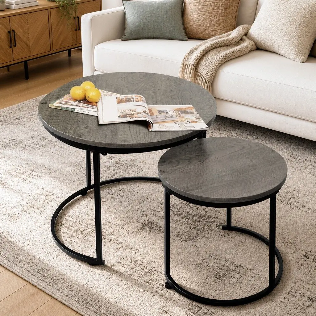 Nesting Coffee Table Set Space Saving Round Grey 2 Piece