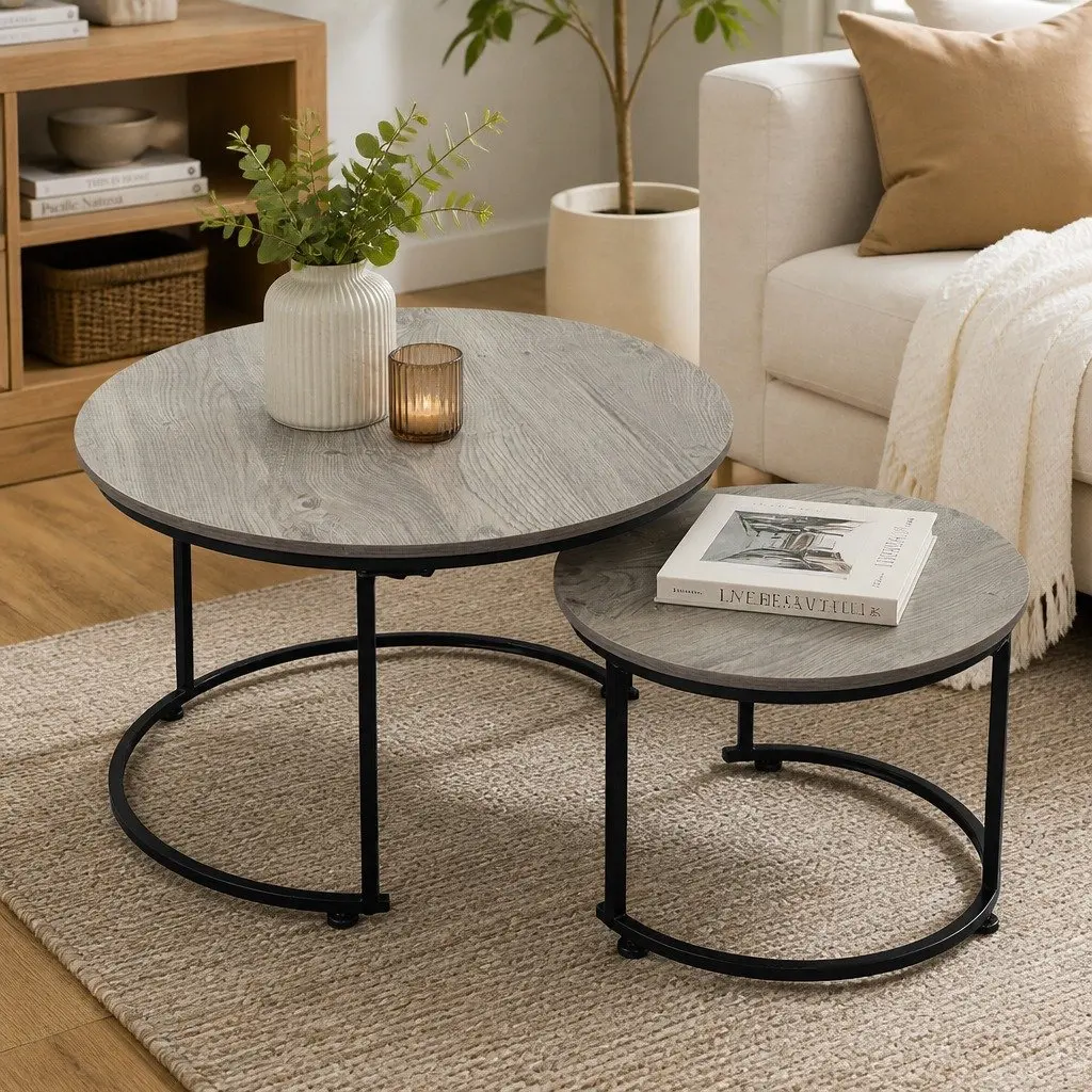 Nesting Coffee Table Set Space Saving Round Grey 2 Piece