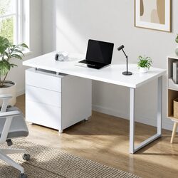 White Computer Desk with 3 Drawers - 140cm Office Station