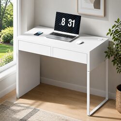 Compact White Computer Desk with Storage Features