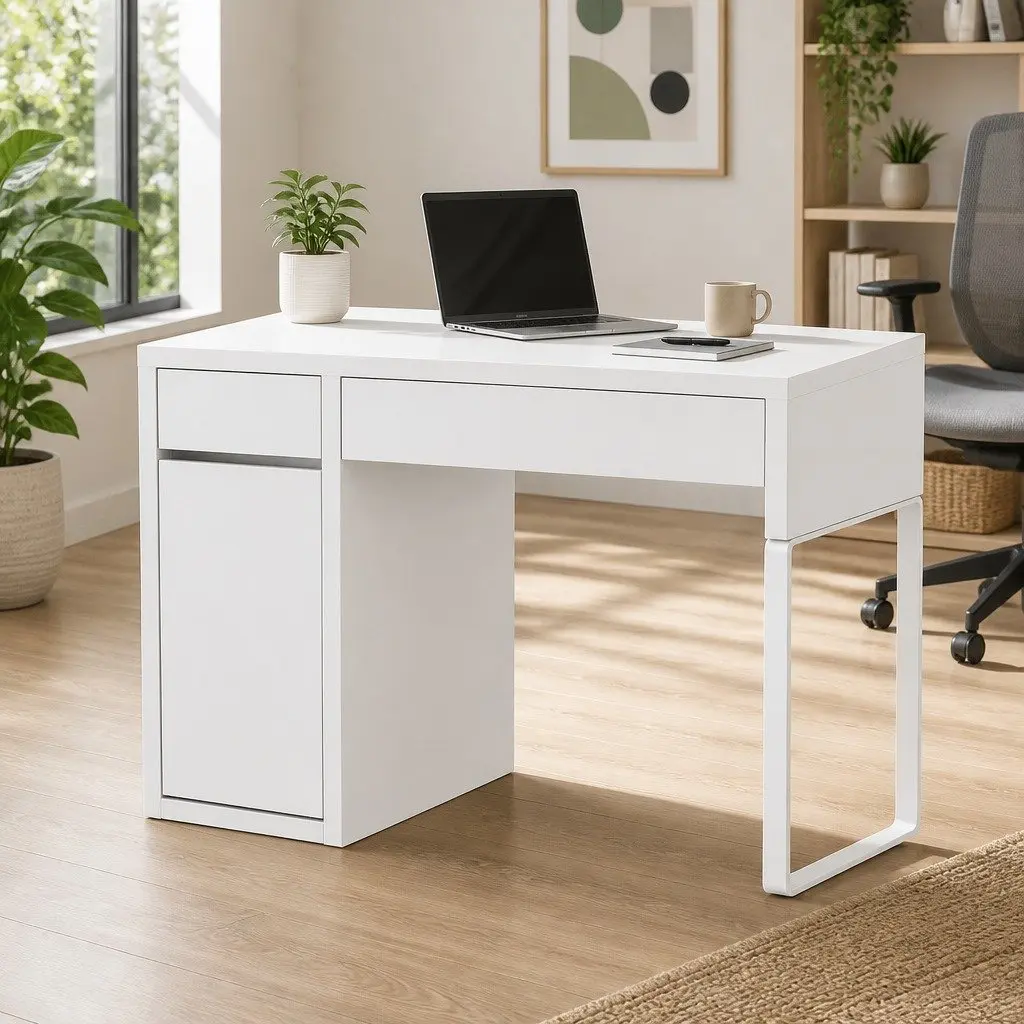 Computer Desk Contemporary Storage Feature 105cm White 2 Drawers 3-Tier Cabinet