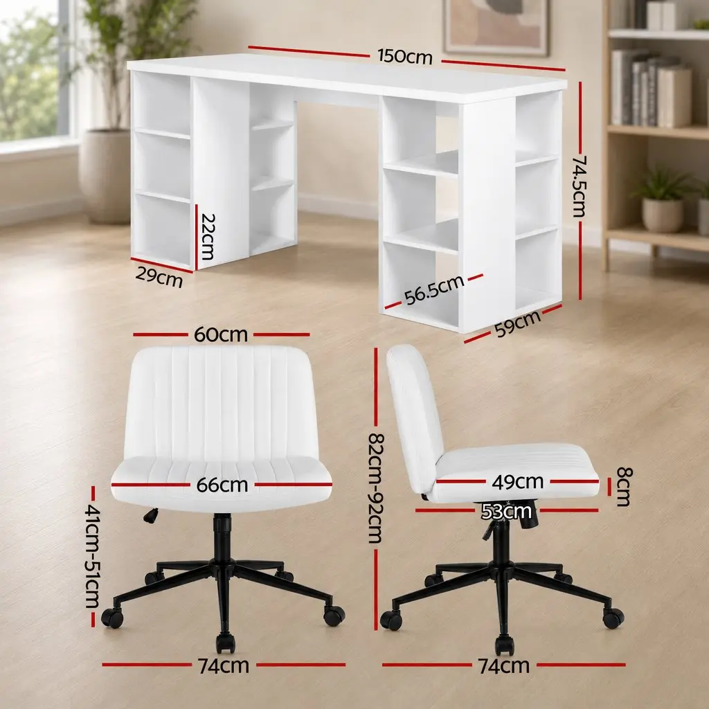 Office Desk and Chair Set Ergonomic 150cm White